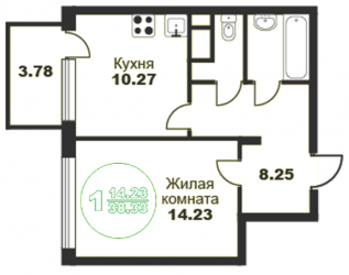 Однокомнатная квартира 37.67 м²