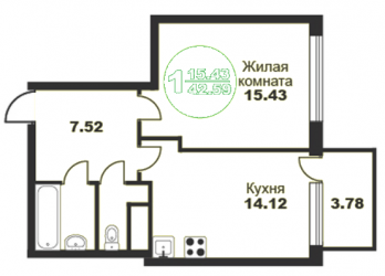 Однокомнатная квартира 41.86 м²