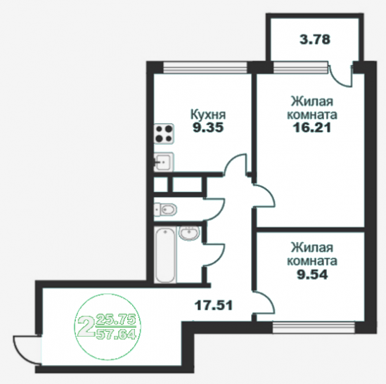 Двухкомнатная квартира 57.64 м²