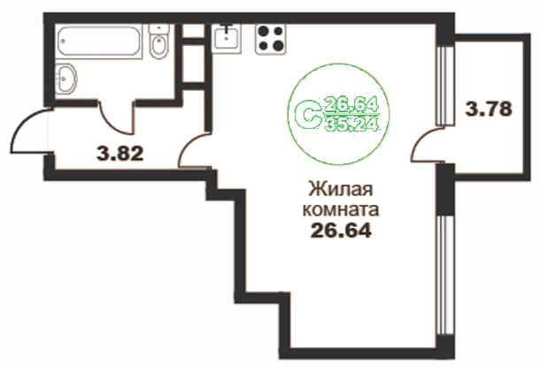 Студия 34.68 м²
