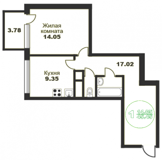 Однокомнатная квартира 44.67 м²