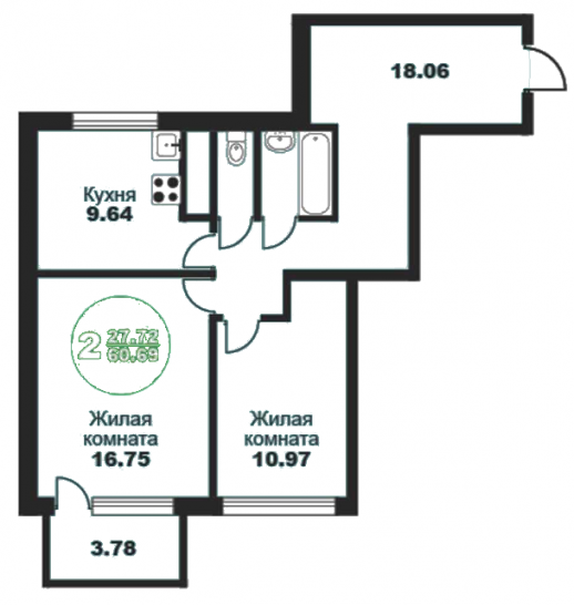 Двухкомнатная квартира 60.69 м²