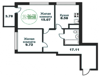Двухкомнатная квартира 55.53 м²