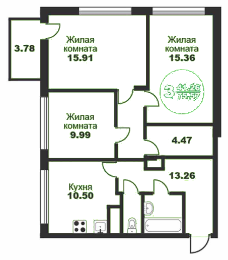 Трёхкомнатная квартира 75.05 м²
