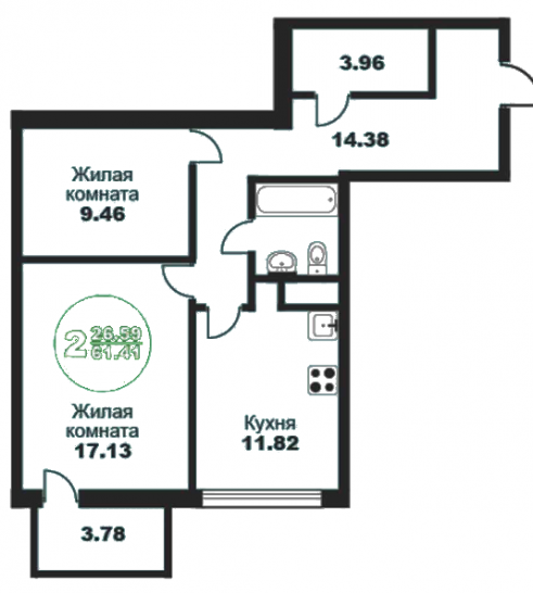 Двухкомнатная квартира 61.41 м²