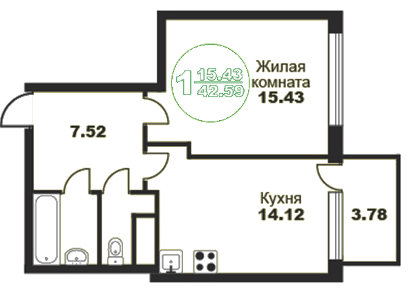 Однокомнатная квартира 41.86 м²
