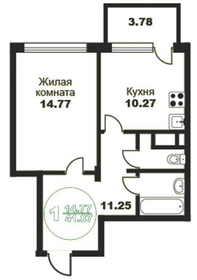 Однокомнатная квартира 41.15 м²