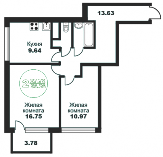 Двухкомнатная квартира 56.26 м²