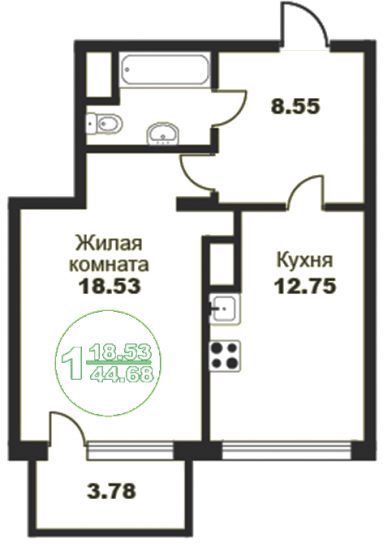 Однокомнатная квартира 43.91 м²