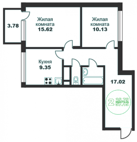 Двухкомнатная квартира 57.15 м²